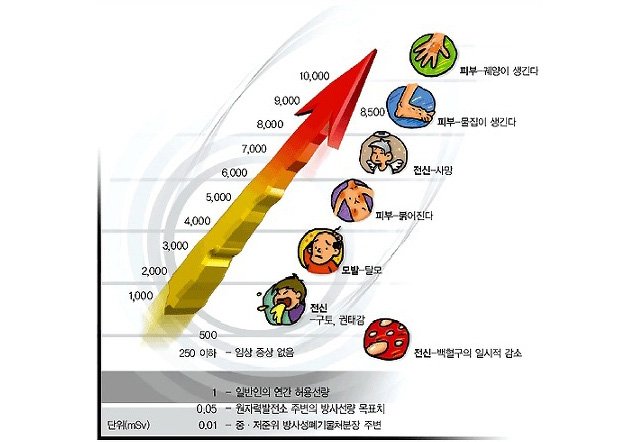 피폭선량에 따른 급성영향의 증상과 관계